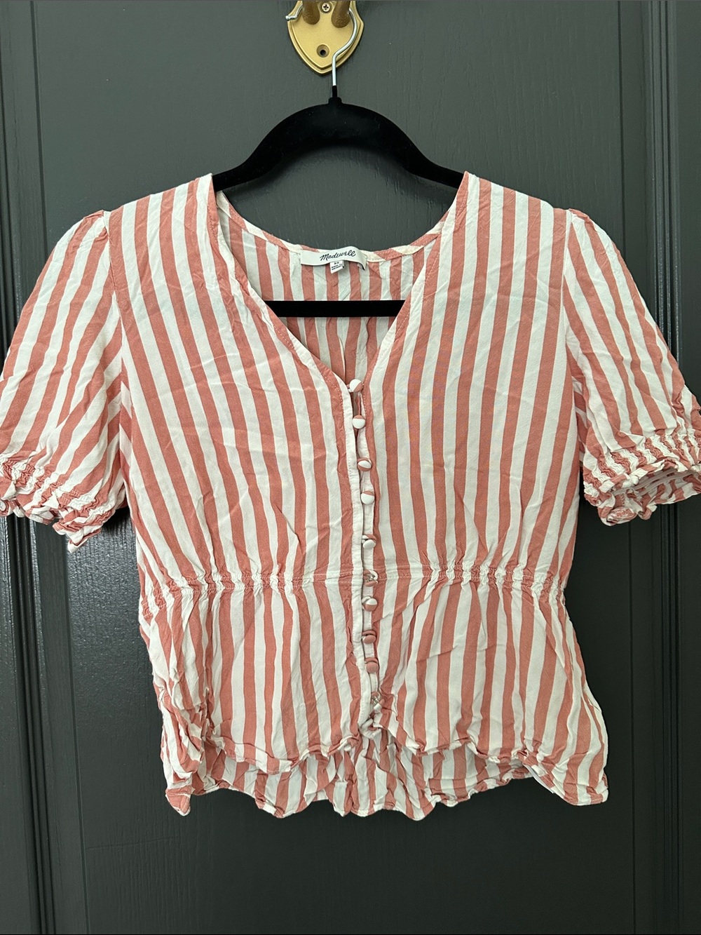 Madewell Coral Stripe Button-Front Peplum Blouse